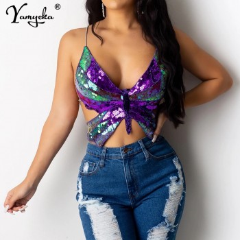 Sexy sequin butterfly crop top women summer tops vintage womens Lace Up tank top t shirt backless Bandage short woman clothes